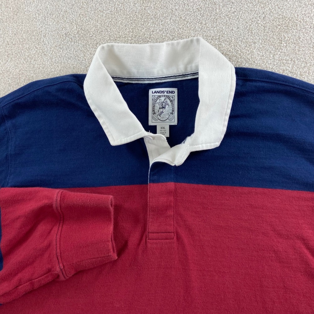 Vintage Lands End Rugby Shirt Mens XXL Red Blue Striped Long Sleeve Cotton Polo